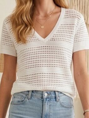 Armani Exchange White Openwork V-Neck Short Sleeve Top